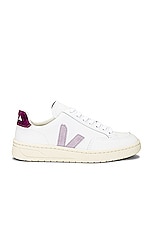 Veja V-12 Sneaker in Extra White & Parme Magenta, view 1, click to view large image.