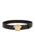 VERSACE Medusa Belt in Black & Gold, view 1, click to view large image.