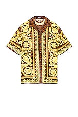 VERSACE Baroccodile Shirt in Caramel, Black, & Gold, view 1, click to view large image.
