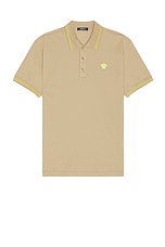 VERSACE Medusa Short Sleeve Polo Shirt in Sand, view 1, click to view large image.