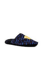 VERSACE Monogram All Over Slippers in Blue, view 2, click to view large image.