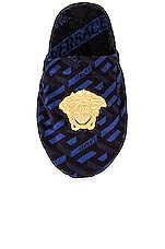 VERSACE Monogram All Over Slippers in Blue, view 4, click to view large image.