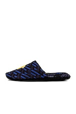 VERSACE Monogram All Over Slippers in Blue, view 5, click to view large image.