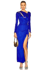 VERSACE Long Sleeve Safety Pin Evening Dress in Lapis, view 1, click to view large image.