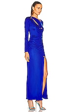VERSACE Long Sleeve Safety Pin Evening Dress in Lapis, view 2, click to view large image.