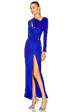 VERSACE Long Sleeve Safety Pin Evening Dress in Lapis, view 3, click to view large image.