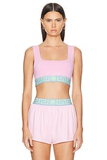 VERSACE Logo Band Sport Bra in Pastel Pink, Pastel Blue, & Mint, view 1, click to view large image.