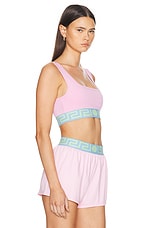 VERSACE Logo Band Sport Bra in Pastel Pink, Pastel Blue, & Mint, view 2, click to view large image.