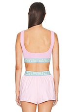 VERSACE Logo Band Sport Bra in Pastel Pink, Pastel Blue, & Mint, view 3, click to view large image.