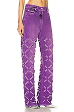VERSACE Laser Cut Wide Leg Jean in Black & Dark Orchid, view 2, click to view large image.
