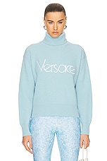 VERSACE 90's Embroidered Knit Sweater in Pale Blue, view 1, click to view large image.