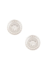 VERSACE Metal Circle Earrings in Palladium, view 1, click to view large image.