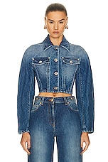 VERSACE Cropped Denim Jacket in Medium Blue, view 1, click to view large image.