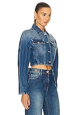 VERSACE Cropped Denim Jacket in Medium Blue, view 2, click to view large image.