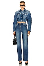 VERSACE Cropped Denim Jacket in Medium Blue, view 4, click to view large image.
