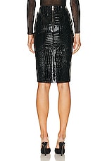 VERSACE Leather Midi Skirt in Black, view 3, click to view large image.