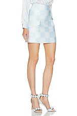 VERSACE Damier Print Mini Skirt in Pastel Blue, view 2, click to view large image.