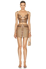 VERSACE Logo Mini Skirt in Brown & Beige, view 4, click to view large image.