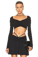 VERSACE Long Sleeve Ruched Crop Top in Nero, view 1, click to view large image.