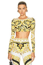 VERSACE Tessuto Long Sleeve Top in Bianco, Oro, & Nero, view 1, click to view large image.