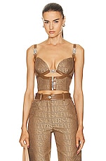 VERSACE Logo Bra Top in Brown & Beige, view 1, click to view large image.