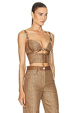 VERSACE Logo Bra Top in Brown & Beige, view 2, click to view large image.
