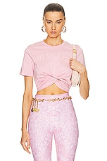 VERSACE Milano Logo Embroidered Jersey Tee in Pale Pink, view 1, click to view large image.