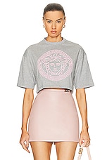 VERSACE Logo Print Jersey Tee in Gray Melange, view 1, click to view large image.