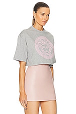 VERSACE Logo Print Jersey Tee in Gray Melange, view 2, click to view large image.