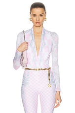 VERSACE Jersey Bodysuit in Pastel Pink, White, & Silver, view 1, click to view large image.