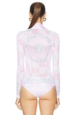 VERSACE Jersey Bodysuit in Pastel Pink, White, & Silver, view 5, click to view large image.