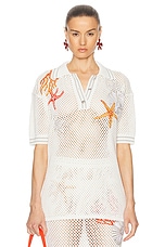 VERSACE Embroidered Polo Top in Ivory, view 1, click to view large image.