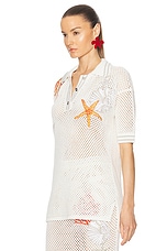 VERSACE Embroidered Polo Top in Ivory, view 3, click to view large image.