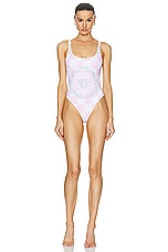 VERSACE Damier Print One Piece Swimsuit in Pastel Pink, White, & Silver, view 1, click to view large image.