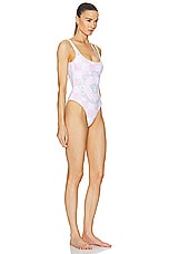 VERSACE Damier Print One Piece Swimsuit in Pastel Pink, White, & Silver, view 2, click to view large image.