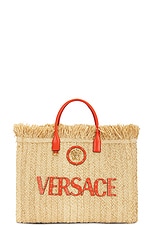 VERSACE Straw Tote Bag in Natural, Coral, & Versace Gold, view 1, click to view large image.