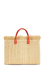 VERSACE Straw Tote Bag in Natural, Coral, & Versace Gold, view 3, click to view large image.