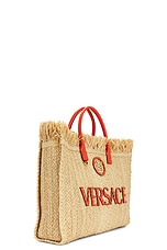 VERSACE Straw Tote Bag in Natural, Coral, & Versace Gold, view 4, click to view large image.