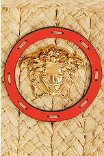 VERSACE Straw Tote Bag in Natural, Coral, & Versace Gold, view 7, click to view large image.