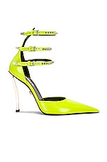 VERSACE Caged Ankle Pumps in Acid Lime & Palladio, view 1, click to view large image.