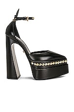 VERSACE Studded Platform Pumps in Nero & Oro, view 1, click to view large image.