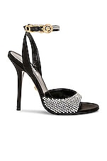 VERSACE Safety Pin Sandal in Black & Versace Gold, view 1, click to view large image.