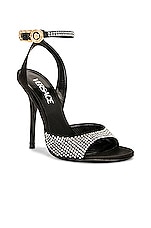 VERSACE Safety Pin Sandal in Black & Versace Gold, view 2, click to view large image.