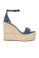 VERSACE Fabric Wedge Espadrille Sandal in Blue, view 1, click to view large image.