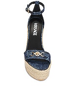 VERSACE Fabric Wedge Espadrille Sandal in Blue, view 4, click to view large image.