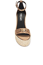 VERSACE Fabric Wedge Espadrille Sandal in Camel, view 4, click to view large image.