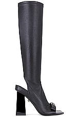 VERSACE Heeled Open-toe Riding Boot in Black, view 1, click to view large image.
