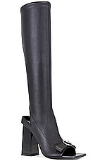 VERSACE Heeled Open-toe Riding Boot in Black, view 2, click to view large image.