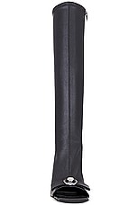 VERSACE Heeled Open-toe Riding Boot in Black, view 4, click to view large image.
