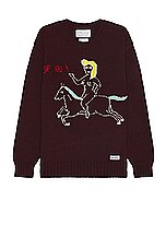 WACKO MARIA Intarsia Crew Neck Sweater in Burgundy, view 1, click to view large image.